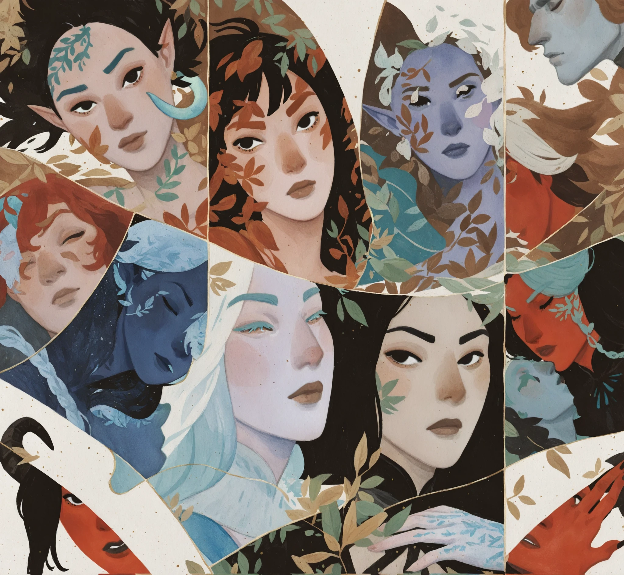 drki, dkri, portrait, a group of people, 5girls, 6boys, rating_questionable, BREAK
flat color, no lineart, group portrait,
tourquise hair, black eyes, demon, humanoid, colored skin, red skin, facing viewer, detailed illustration, characters, detailed faces, black clothes, ethereal atmosphere, fantasy aesthetic, painterly illustration, gouache painting, gouache texture, soft illustration, 2d art, leaves, abstract background, masterpiece, best quality