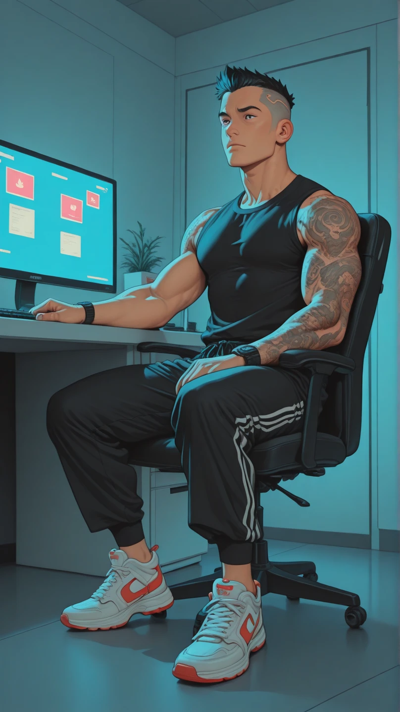 MUSCULAR MEN WORKING ON HIS COMPUTER AND SMOKING CIGAR