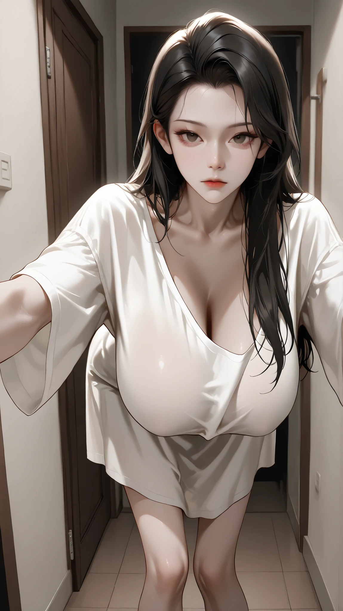 ((masterpiece)), (best quality), (absurdres), black and shine hairs,  yamamura_sadako and a boy,   (see through white dress, off shoulder), (grey skin), hair over eyes, eyes covered, looking at viewer, paws pose, red nails, bend over, out from tv, darkness background , red lips, open lips, fang, Halloween party 
