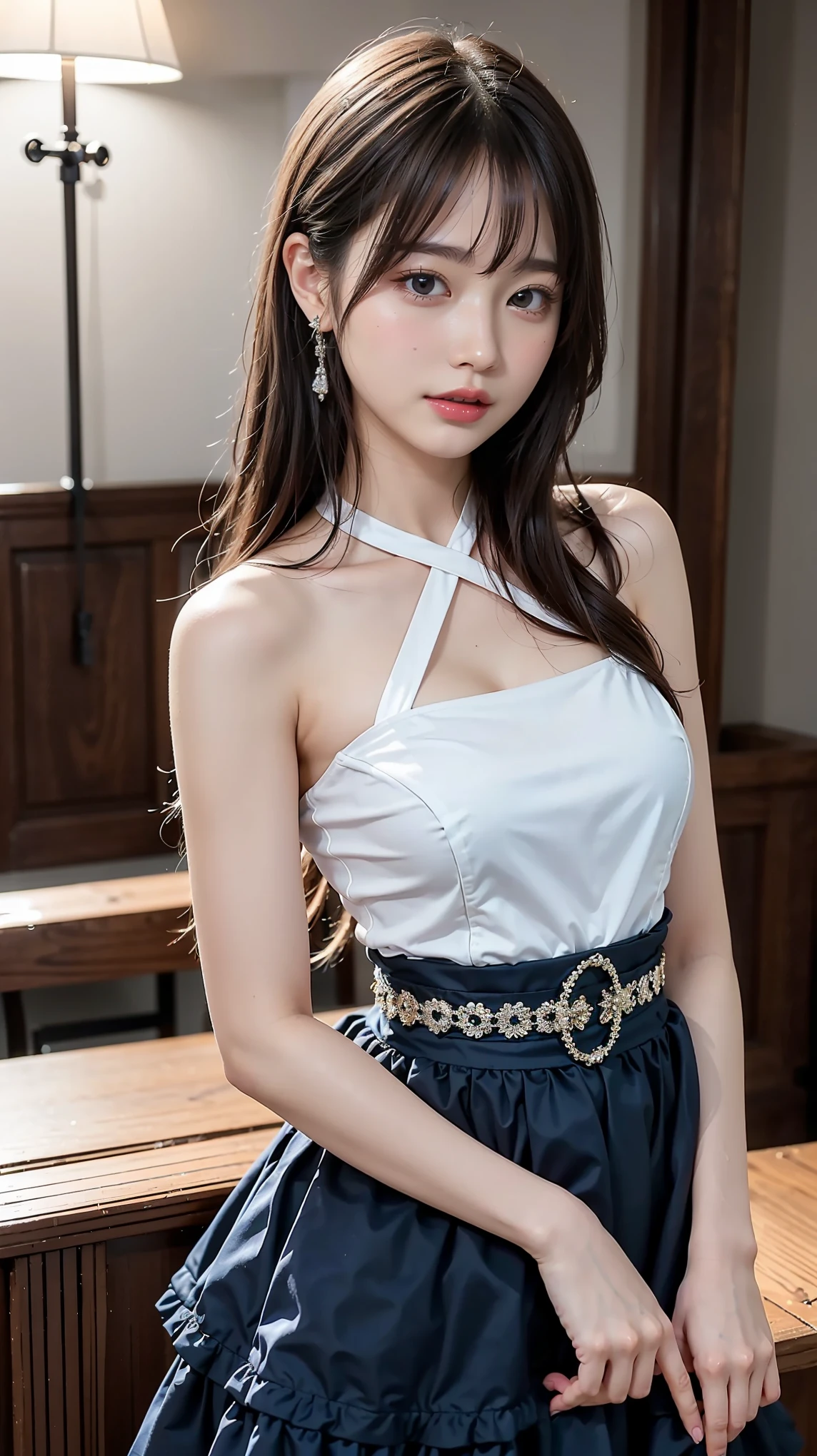 (masterpiece:1.3, Highest quality, Ultra-high resolution, Super detailed), (Realistic, photoRealistic:1.4), Beautiful illustrations, Perfect lighting, Natural light, colorful, Depth of written boundary, Surrealism,
View your viewers, 1 Girl, 16 years old, 7 heads, Perfect Face, (Perfect Anatomy), Cute and symmetrical face, Baby Face, Shiny skin, (Ideal body proportions),
(Mid-length hair:1.5, Side Ponytail:1.2, Blonde), Hair between the eyes, Dark blue eyes, Long eyelashes, (Large Breasts:1.2, Captivating thighs), thin, Small Ass, thin脚,
Beautiful Hair, Beautiful Face, Beautiful attention to detail, Beautiful clavicle, Beautiful body, Beautiful breasts, Beautiful thighs, Beautiful feet, Beautiful fingers,
((Sleeveless Blue Mini Cheongsam)), Blue High Heels,
(Beautiful views), evening, (bar counter), (smile:1.5, happiness), Big Breasts