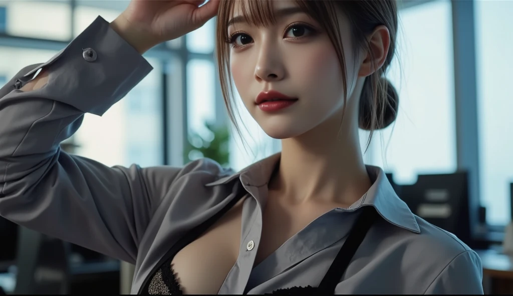 (best quality, 8k, highres, photorealistic:2.0), (solo, one girl:2.0),(lighting: front),(lighting: strong),(ultimate beautiful girl:2.0),(shiny skin),(oily skin),(platinum blonde hair:1.5),(straight hair:2.0),(kind woman:1.5),Blush brown makeup , dark eye makeup , use pink glossy lipstick,(big eyes girl:1.5),(thin woman:1.5),(Photographed in the sophisticated office of an information technology company:1.8),(elite business woman:1.8),(Career woman who can work very well),(I'm so absorbed in work that I don't have a boyfriend),(woman not interested in love),(I'm not interested in fashion),(I wear accessories that do not interfere with my work.),(she has no love experience at all),(she feels alone),(She is not good at talking to men),(she is shy and silent),(I don't want to stand out and I'm concerned about people's attention),(She has a dark personality and negative thoughts.:1.5),(she suffers from depression),(She has many complexes and has no one to rely on.),(intelligent woman:1.5),(A woman who takes her work seriously),(I'm a little unwell),(I like coffee and drink it all the time),(mentally unstable),(I have a hard time with insomnia.),(unpopular woman),(unconfident:1.5),(want pure love),(plain and introverted woman:1.3),(She has a hobby that she cannot tell anyone about, and that is masturbation),(she is pure:1.5),(Prefer clothes suitable for office work),(A woman whose life is difficult),(A woman exhausted from long working hours),(woman's sex appeal:1.5),(A sweet smelling perfume from her)