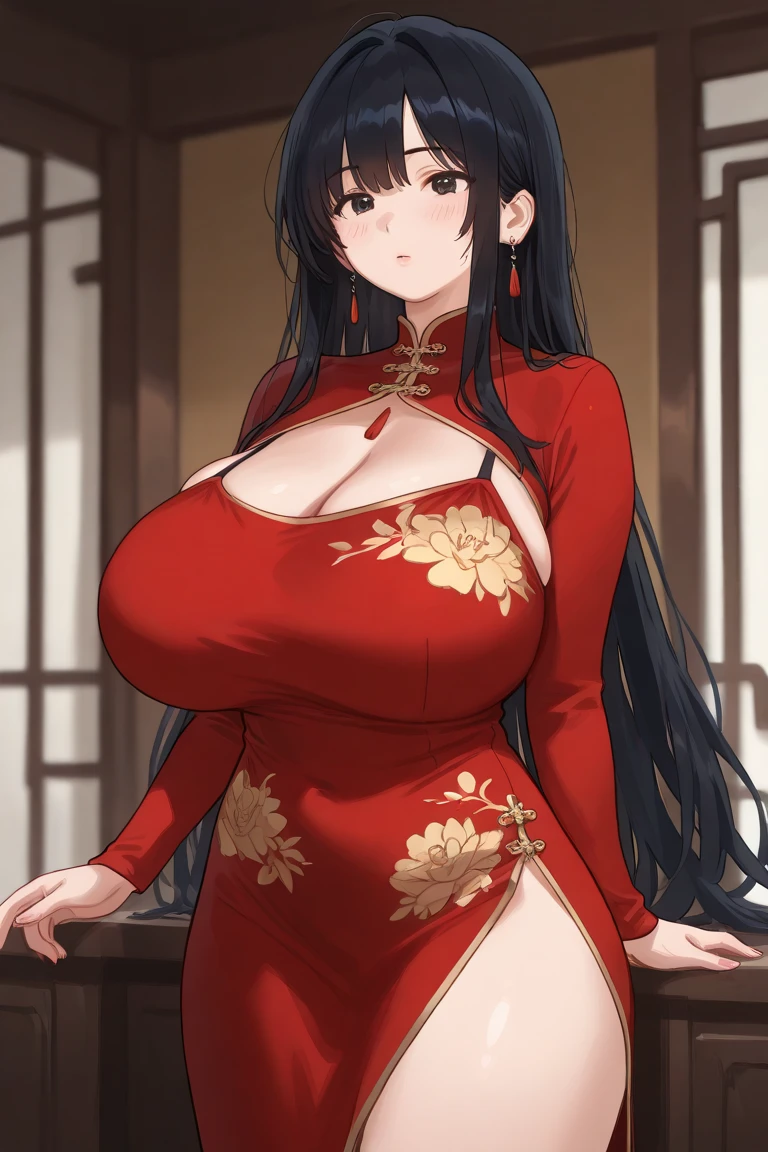(masterpiece, highest quality:1.2),(Shiny skin:1.6), Upper Body, Detailed cloth texture, Detailed hair texture, One girl, alone, 17 year old girl sexy pose, Long eyelashes, Lips parted, shining pink lips, Pink Eyes, (The body is slim:1.1), (Beautiful black long hair:1.2), (Huge breasts:1.3), Floating Hair, (bangs), (Chinese clothing,Micro Chinese clothing), (Cleavage), (necklace, Earrings), smile, Blushing, View your viewers, (Cowboy Shot:1.5), Hotel Rooms