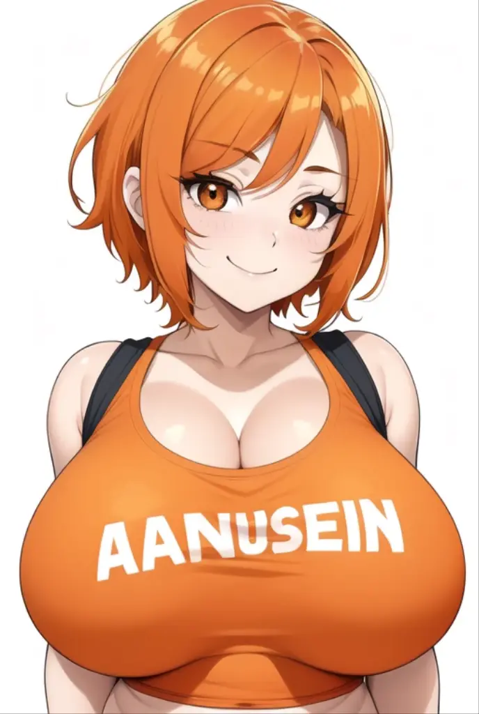 1 girl, Alone, Upper part of the body,
Orange hair, wide,
orange eyes, long eyelashes, thick eyelashes, looking at the viewer,
SMILE,
Argentina national team shirt,
White background, simple background, ((busty1.87,)) (giant breasts:1.2), light blue and white color
