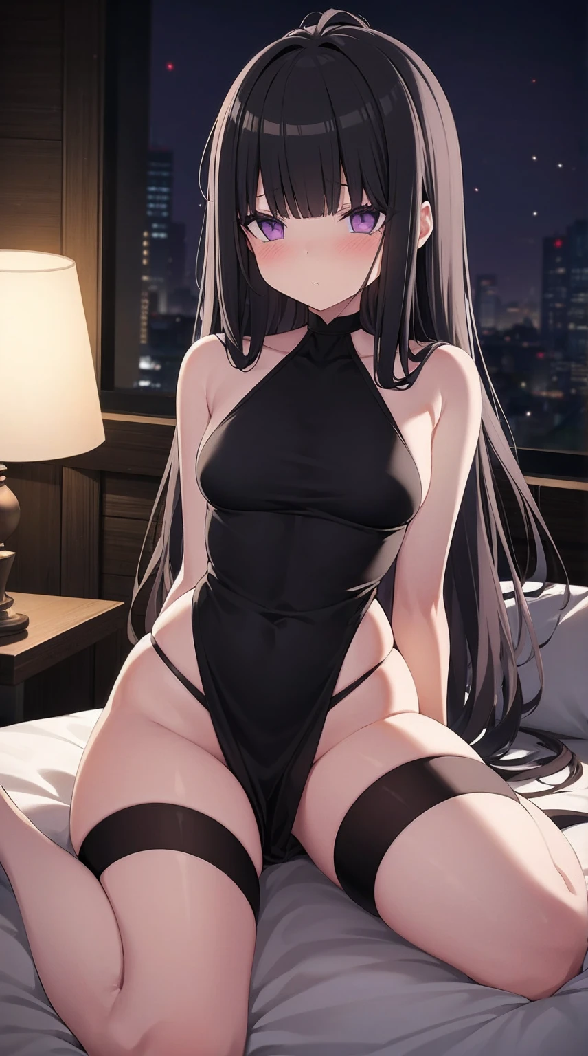 1girl, alone, mai sakurajima, long hair, black hair, grayish blue eyes, embarrassed, seductive, makeup, smiling, closed mouth, medium breasts, medium waist, medium hips, wide thighs, black playboy bunny outfit, black stockings, little ears playboy bunny, room, at night, good lighting, open window, on all fours in bed, facing the viewer from behind, showing butt, excellent hands, excellent body anatomy