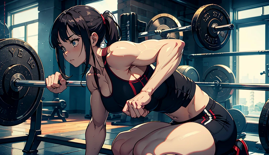 A woman wearing a black top and black pants is squatting on gym equipment。, workout, fit girl, Chun-Li at the gym, at the gym, Best Anime 4K Kona-chan Wallpaper, 4k anime wallpaper, Beautiful anime girl squatting, anime style 4k, anime wallpaper 4k, anime wallpaper 4k, highly detailed art germ