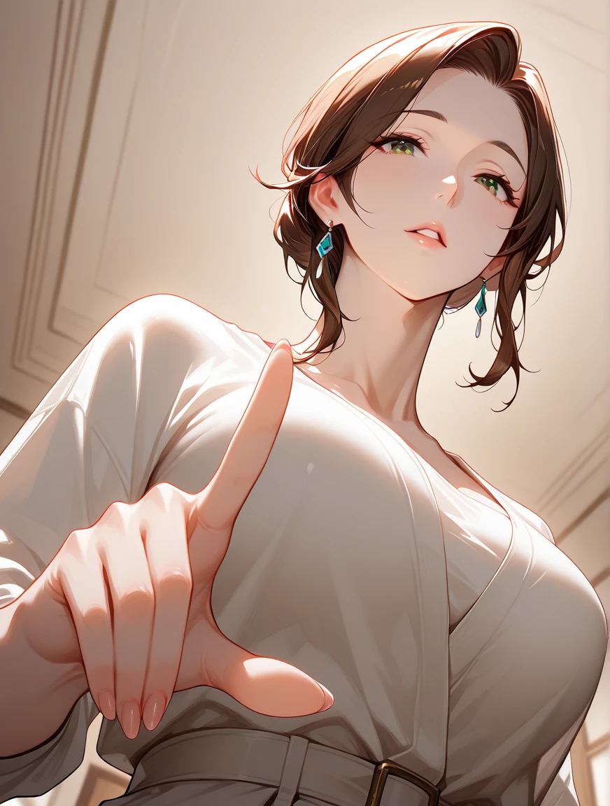 (best quality:1.5, highres, UHD, 4K, detailed lighting, shaders), red wavy haired, gradient hair, large breasts, suit, social long pants, mature woman , (pov), white background, colorful eyeshadow, dramatic lighting, sparkling eyes, sensual expression, golden earrings, flowing hair, delicate facial features, soft skin, high cheekbones, urban setting, white background, dont look for the camera, lean forward, wet with water.