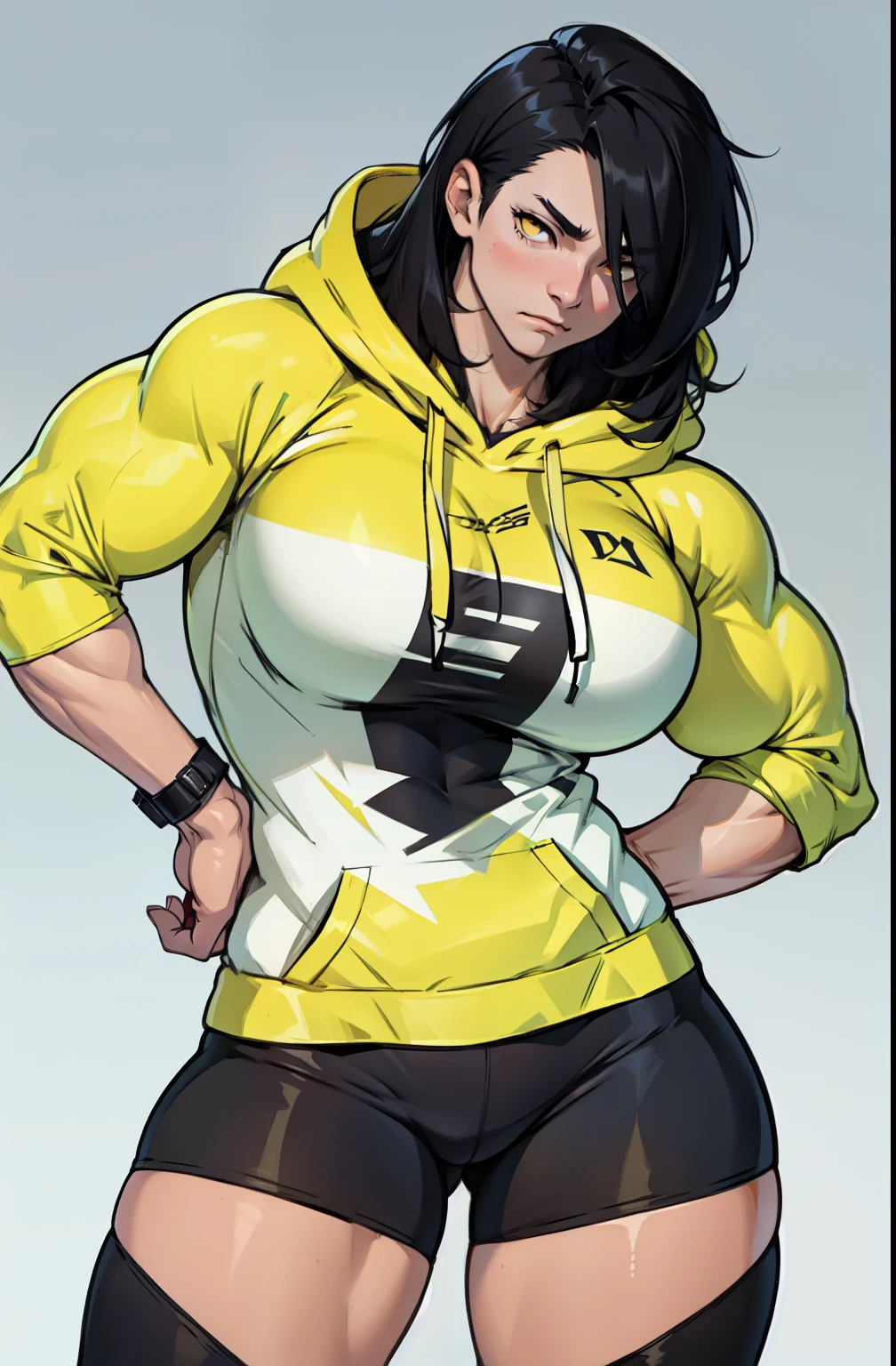 ((1girl)) pale skin large breasts (muscular) toned body thick thighs black hair yellow eyes (long hair grey background) bodybuilder angry tight shirt