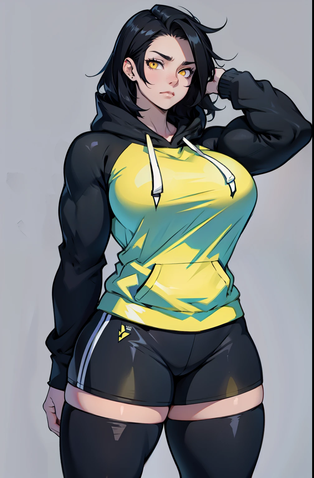 ((((1girl muscular thick thighs)))) pale skin black hair very long hair yellow eyes small breasts hoodie tight pants