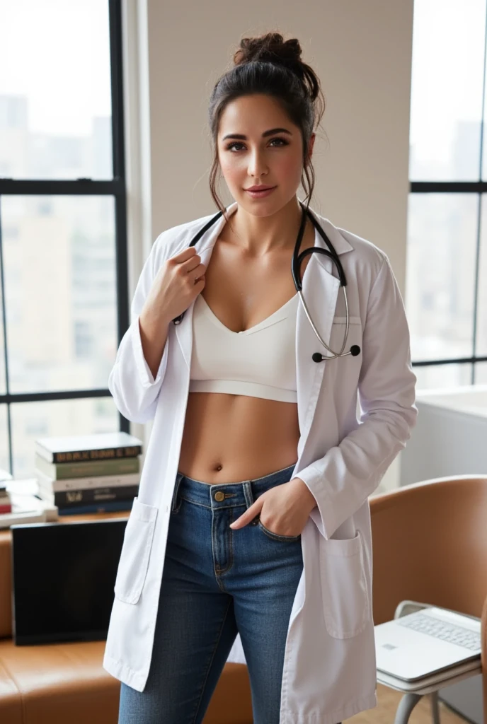 Young Latina ((ultra realistic:1.2)), smiling a lot in navy blue lab coat and light pink pants, in the bathroom extremely bright, (clouse-up), face close, dslr, 100 mm