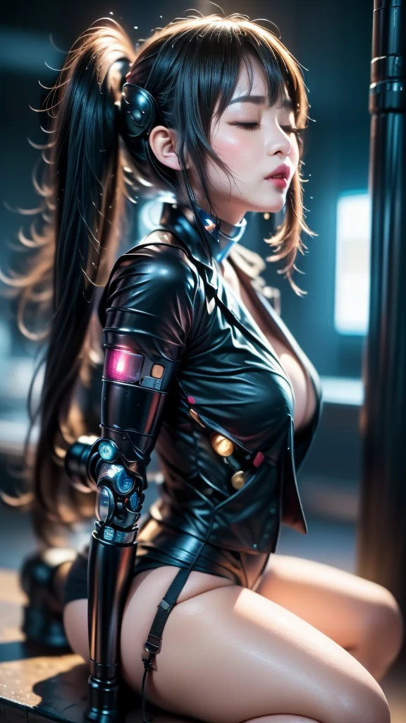 (((masterpiece)))、((top-quality))、(The ultra-detailliert)、、(Very noble and beautiful))、Cinematic Light、((1 Mechanical Girl))、a purple eye、Colossal tits、The cleavage is visible、Single、(Mechanical joint:1.4)、((Mechanical limb))、(Blood vessels attached to tubes)、((Mechanical spine attached to the back))、((Mechanical cervical vertebrae attached to neck))、(Wires and cables attached to the head and body:1.5)、 neon details、scientific fiction、cowboy shot、