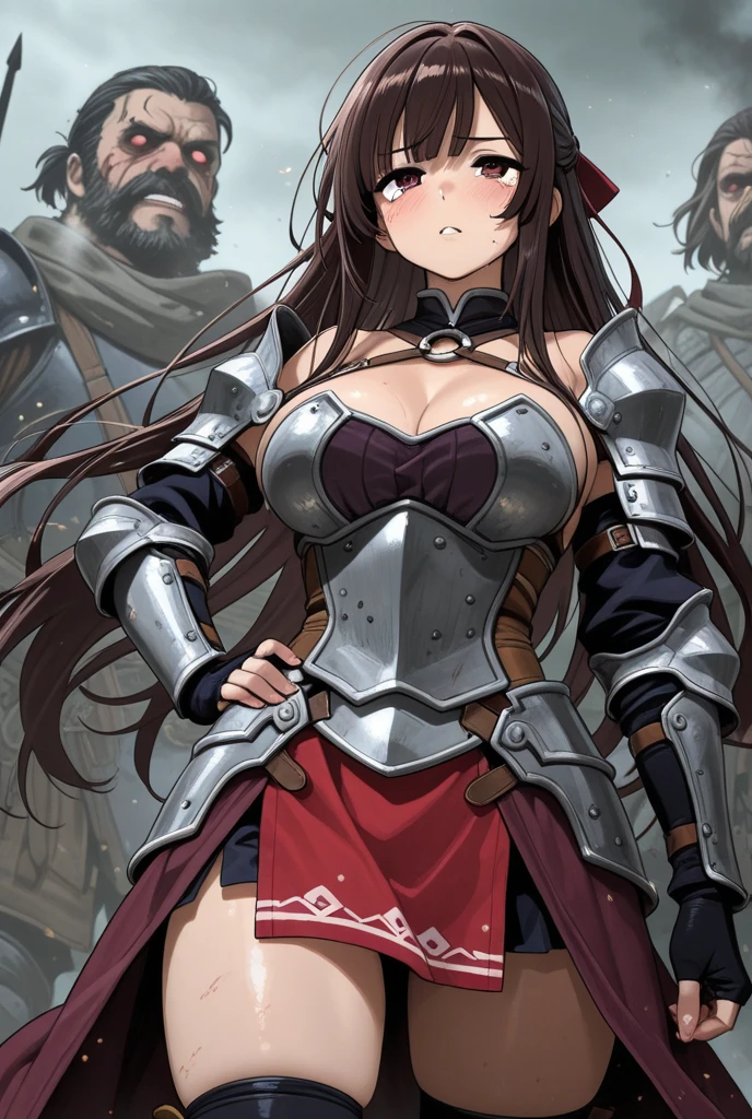 1girl, holding a twohanded broadsword, a medieval vest armor, cape, medieval armor leggings, neck armor pieces that covers the mouth, show shoulders, show thighs, a serious face, staring at user ourselves