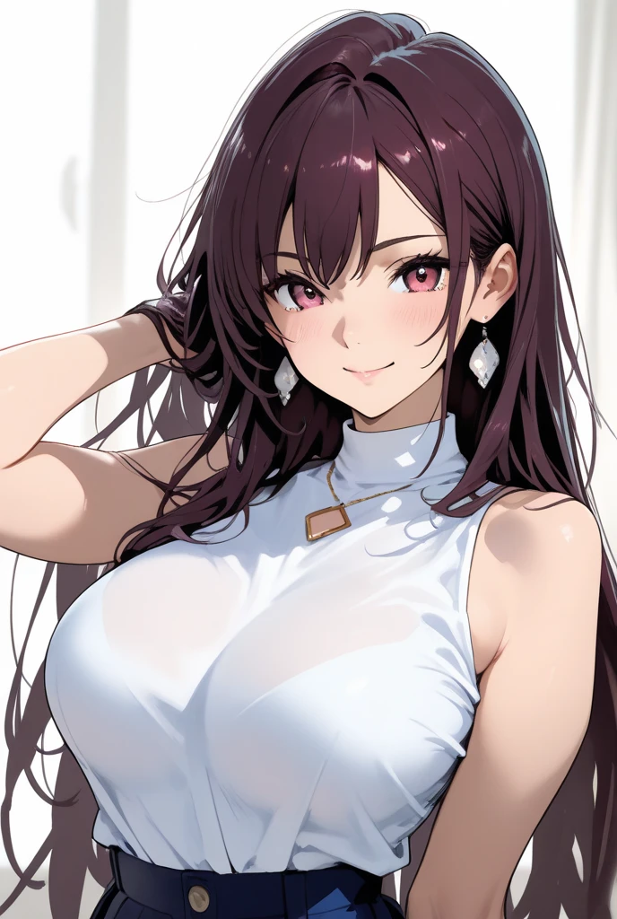 anime girl with long purple hair and red eyes in a white dress, kurisu makise, makise kurisu, seductive anime girl, rias gremory, gapmoe yandere, (anime girl), [[[[grinning evily]]]], by :5 sexy: 7, anime moe artstyle, ikki tousen