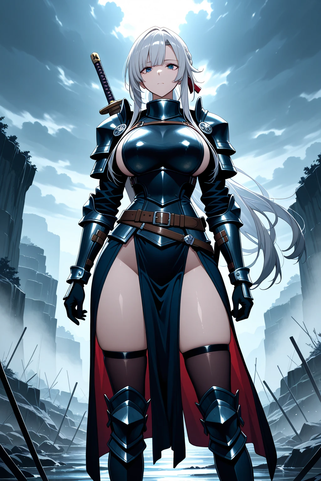Woman knight、a beauty girl、huge tit、Excellent style、Nice Buddy、glamorous、leotard、s Armor、Bra breastplate armor、Armor shoulder rest、knee boots、gauntlets、silber hair、Longhaire、Ahoge、、is standing、full body seen 、Possesses a sword、Contains a sword