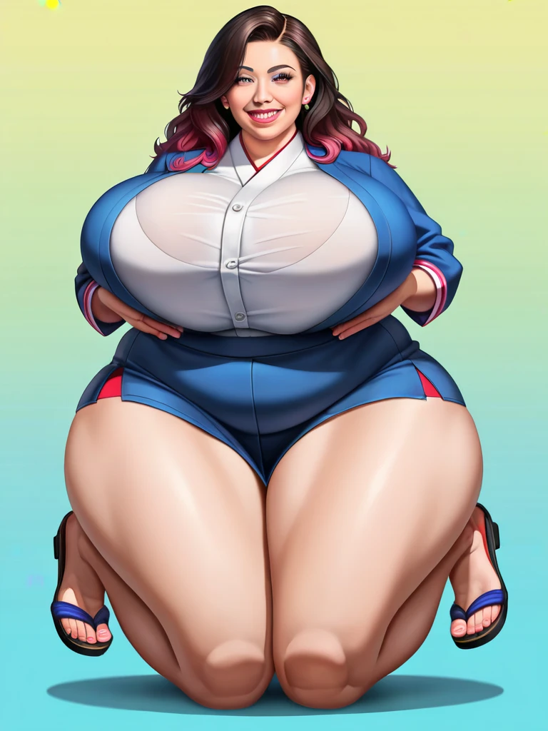 Big Beautiful teenage girl, blue eyes, brown hair, messy pixie hairstyle, bright smile, beautiful tan skin, perfect complexion, beautiful detailed eyes, beautifully detailed lips, over 1000 pounds, fattest woman alive, (massive hyper Obese, BBW, gigantic chunky, major pudge, hyper bloated, massive bloated belly, massive massive calves, massive chunky thighs:1.5), skin tight hoodie, massive cheeks, massive hips, massive butt, massive oversized breasts, flesh bulging, cellulite, oversize, standing in front of a mirror, reflection, short blue zip up hoodie, breast busting out of a tight plain athletic shirt underneath, hoodie and shirt riding just above her waistline, slightly exposed midsection, busting out of tight spandex athletic shorts, bulging body, fat rolls, converse tennis shoes, just after a workout, confident look, girl next door, (best quality,4k,8k, high res, masterpiece:1.2),ultra-detailed, realistic, photorealistic:1.37, fall vibes.