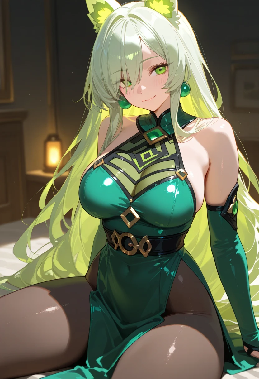 young intricate woman in royal palace, green and blonde long hair mixed together, pay attention to the hair full of a mixture of blonde and green ( blonde hair with several green streaks), , light green eyes, wearing a green diamond crown, long ears, white skinned, sitting on a green majestic throne, wide angle lens f/2.8, ultra insane high resolution intricate textures, texture indentation, perfect perspective, perfect geometry, ultra insane ambient lighting, ultra insane ambient shadows, wearing full black colored clothes, luminism, ultra detailed busy background, tessellation, maximalism, perfectionism, IPA Award wining masterpiece, curvy figured woman.