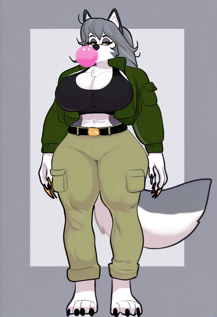 Silly cat, girl, wide hips, cat, antro, white cat,thick legs, body slim, huge breasts, sweat, wearing navy blue pants, wearing navy blue jacket, wearing a dark green army helmet, brown belt,