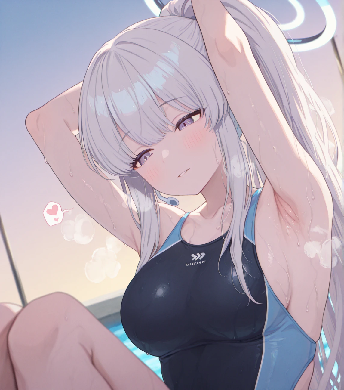 (best quality, masterpiece), 1 girl, centaur, It takes, White skin, Korean ,Abs,swimming competition,exposing the abdomen,belly button t-shirt, 아름다운 소녀 perfect white tiger photo, perfect white tiger photo