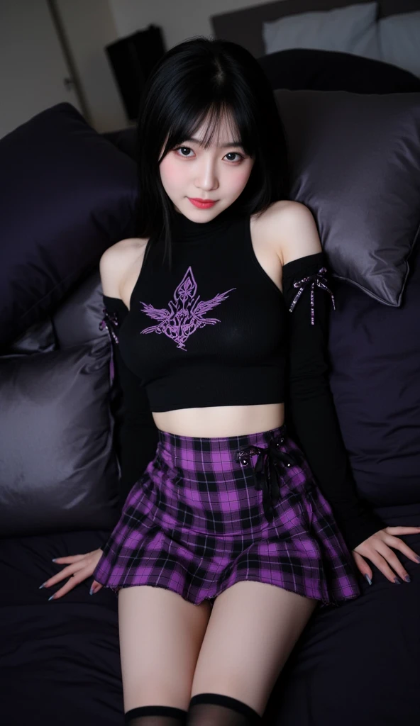 Beautiful girl , slim fit body , short tied black hair, crop top mini skirt, rose lips , blue eyes