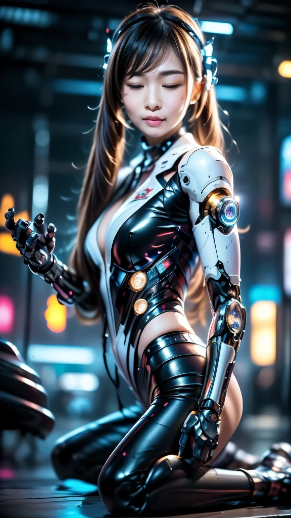 highest quality、masterpiece、Full body portrait、超A high resolution、(Realistic:1.4)、((beautiful girl:1.6)), Full body cyborg girl 1 person、16 years old、not human、She has no soul、No bust、Black leotard、Black Armor、Destroyed Corpse、repair、break down、Just like the whole body、Unknown Planet、Electronic Brain、((Skin part is only the face)), Glowing Eyeany separate metal chest protectors)), Metal Robot、((The whole body is a combat robot))、((Body parts are robot parts:1.8))、((The internal structure of the chest is exposed)), ((Mechanical chest armor with LED indicators and meters)), Robotic arms and legs、((Exposed Metal Skeleton of the abdomen))、Metal skeleton of the neck、repair、Destroyed Corpse Mechanical Bra、Full body metal skin、Metal Bodysuit、Metal scales covering the whole body、Metal body、Metal、beautiful girl、Prosthetic arm、prosthetic limb、Full body cyborg、Exposed Metal Skeleton、Asian Beauty、cyber punk、steampunk、Futuristic spaceship interior、Research Room、Complex 3d rendering beautiful porcelain profile ultra detailedd female type android face、Dark brown hair、Glowing Skin、((Ultra-Realistic Details))、Portraiture、Global Illumination、Shadow、Octane Rendering、Metal、Intricately detailed、Japanese detailed、Very complex detailed、Realistic Light、CGSoation Trend、Purple eyes、Shining Eyes、To the camera、Neon detailed、Mechanical limbs attached to the back of a blood vessel connected to a tube Mechanical vertebrae、Attach a mechanical cervical spine to the neck、sit、wire and cables connected to the head、Gundam、Small LED Lamp、masterpiece、 Metal Robot、Metal body、Metal、Prosthetic arm、prosthetic limb、Full body cyborg、Exposed Metal Skeleton、Asian Beauty、cyber punk、steampunk、Future City、Research Room、Complex 3d rendering beautiful porcelain profile super detailedd female android face、cyborg、Robot parts、150mm、Beautiful studio soft light、Rim Light、Vividly detailed、Gorgeous cyberpunk、Ren Hao、Surreal、Anatomical、Facial muscles、cable, wire, Microchip、elegant、Beautiful background、Octane Rendering、HR Giger Style、