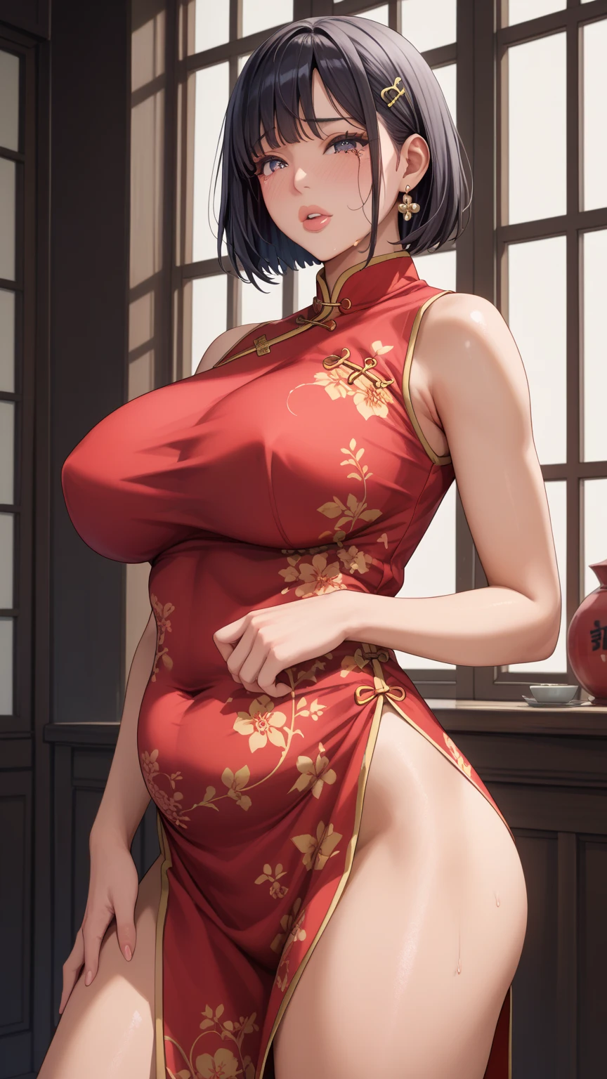 (high resolution), 1girl, woman, mature female, housewife, milf, 40 years old, (curvy woman:1.4), (smile:1.6), (evil grin, light smile:0.5), one eye closed, right eye closed, (shiny skin, glistening skin, high gloss skin:1), (chinese clothes:1.5), breast focus, (gigantic breasts:1.2), solo, black hair, middle hair, bob cut, black eyes, looking at viewer, chinese restaurant, (looking back at viewer:1.4)