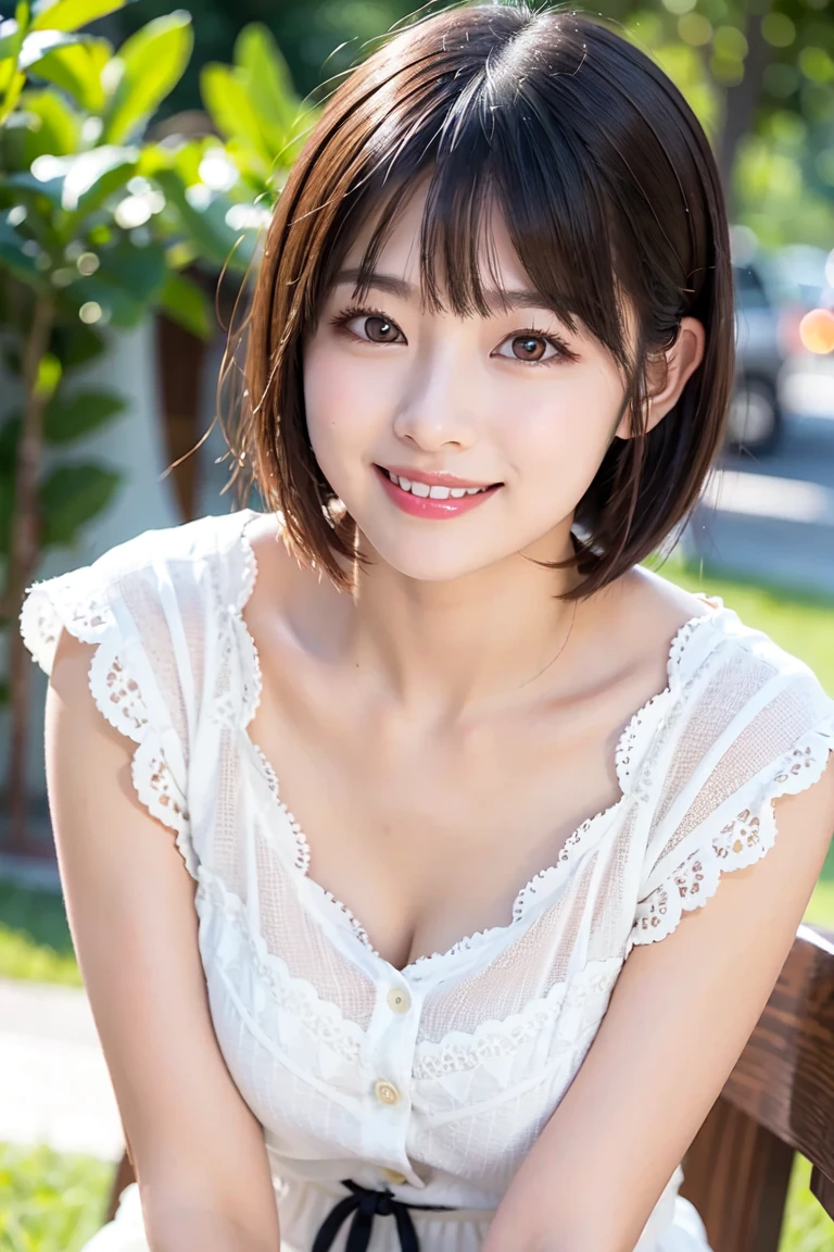 (sit)、(highest quality:1.5)、(Real:1.5)、(1 person:1.5)、(Very detailed)、(High resolution)、8k、(Wear a one-piece dress with lace)、(Small breasts)、 Natural color lip、Cute smile、20 year old girl、(beautiful and delicate face)、(Perfect and beautiful face)、(Big Eyes)、(beautiful and delicate face)、(Beautiful and balanced eyes)、Perfect and beautiful double eyelids、Perfect and beautiful face、Arched eyebrows、Thin eyebrows、Small face、(Slim figure)、Beautiful and thin nose、Beautiful Skin、(ミディアムBob Hair)、Bob Hair、Natural Bangs、Fair skin、Front lighting 、(Lighting the face)、Deep blue eyes、Narrow waistline、(lavenderいっぱいの公園)、(Slim legs)、lavender、Cleavage、ベンチにsit、From below、Slim thighs、