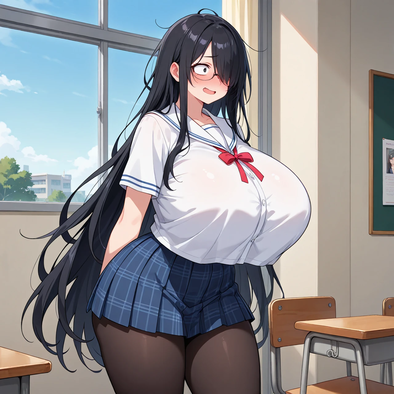 1 very mature girl!!!!, Long black hair, Bangs, blue eyes, beautiful eyes, beautiful face, perfect face, perfect body, Huge tit, wide thighs, very big breasts, wide ass. Pregnant, School uniforms, mini skirts, tight uniforms, Smile