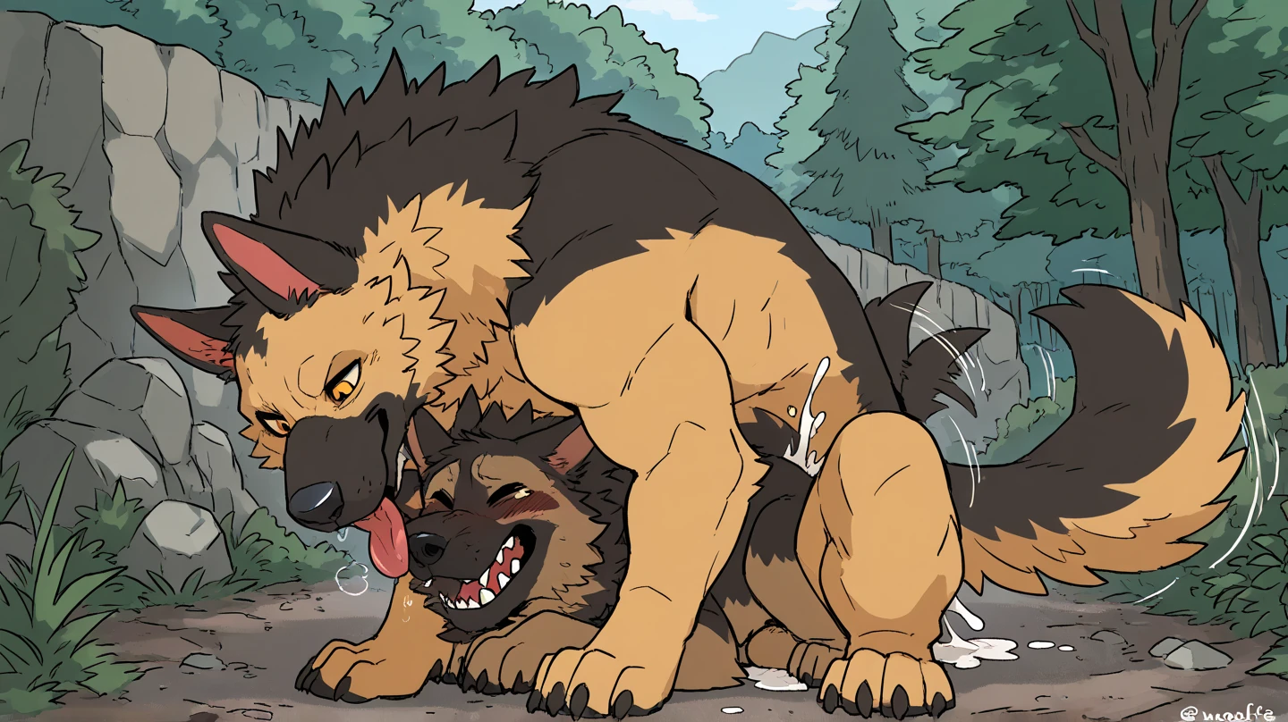 ((A boy is attacked from behind by a ferocious wolf、On all fours))、Black Wolf and a Little Boy、Shota、Muscular、Hug from behind、erection、Glans bulb、((bestiality))、(Mating)、In the dark forest、Clear boundaries、Clear limbs