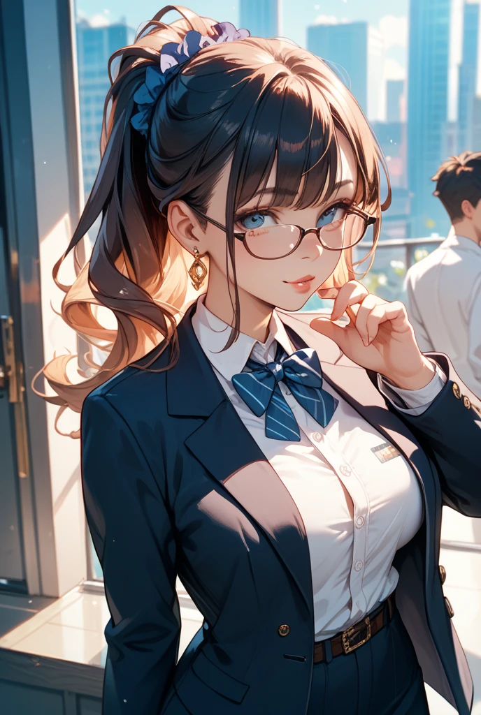 official art, masterpiece, sharp focus, (beautiful gorgeous cute Korean woman:1.3), (beautiful cute korean:1.3), korean beauty, Delicate and beautiful hair and eyes and face, realistic, ultra detailed, beautiful girl, blue sky, glow white particle, (sidelighting:1.2), sun light, white cloud, detailed clouds, slender, Lovely medium breast and slim waist, smile with teeth, ((smile with eyes, open both eyes)), scenery, sexy facial expression, building, (cityscape:1.7), dynamic hair, long ponytail hair, detailed black hair, glow blue eyes, detailed sexy low cut school uniform, transparent white shirt with skirt, white long socks, pale skin, hair ornament, epic scenery,sexy pose, glasses , perfect female anatomy