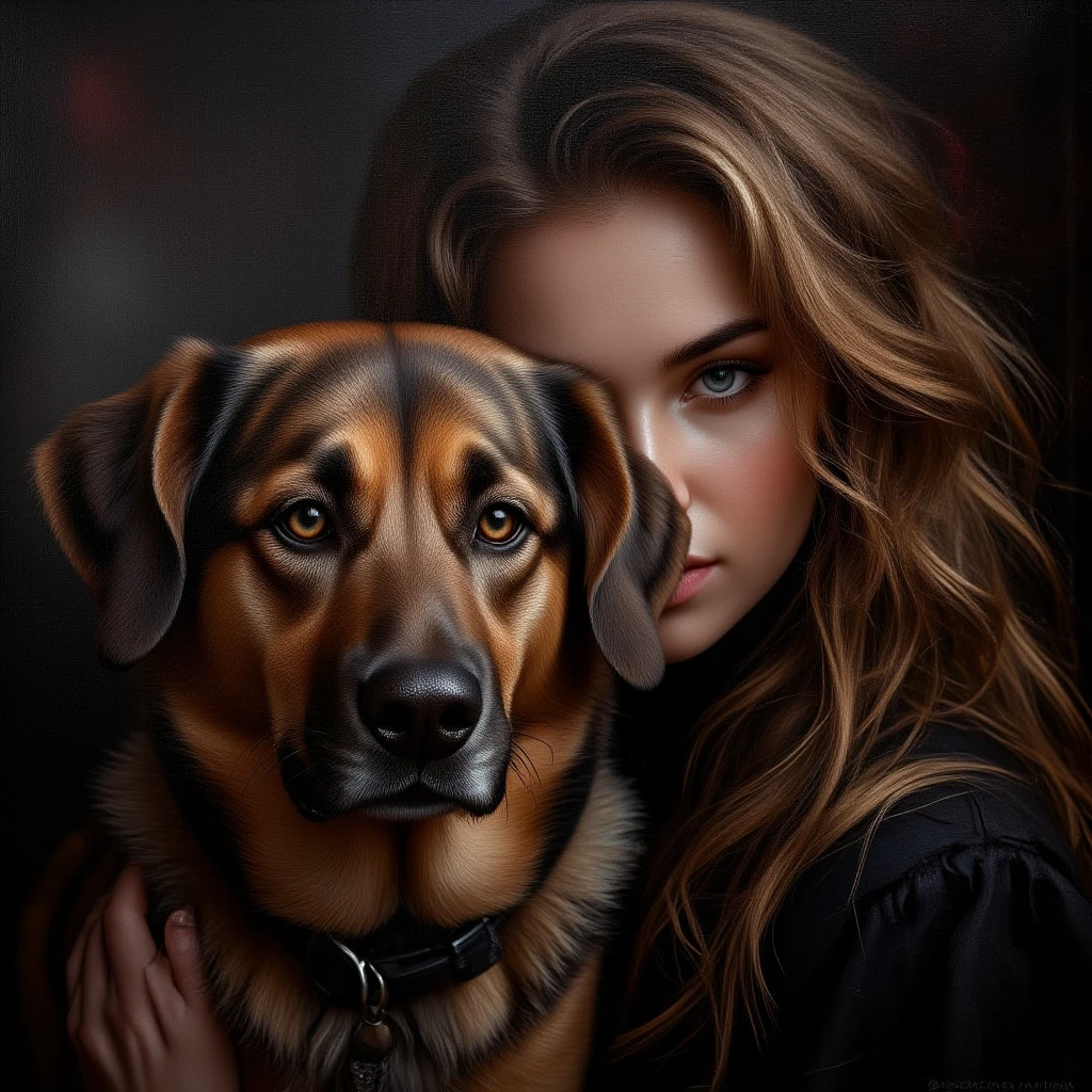 Bonita mujer rubia con un hermoso German Shepherd, selfie, foto, vida real, foto del bosque realista, detalles ultra, luz natural, fondo claro