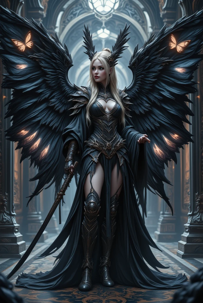 Ultra-detailed Russian girl, 15 years ago, angel, Fallen angel, Black angel, 2 big wings folded, Black feather, Platinum blond, beautiful breasts, (blue eyes), showing great cleavage, darkness, Evil creature, skull, Black thorn hair ornament, dark blue roses, Dark blue armor, Black Crown Her demon wings on her back and demon horn give her an invincible aura as she unleashes a powerful wave of destruction with a single gesture. Fire, flames, blue lightning, thunderstorm, waterfalls, blue Moon, dark night, naked body