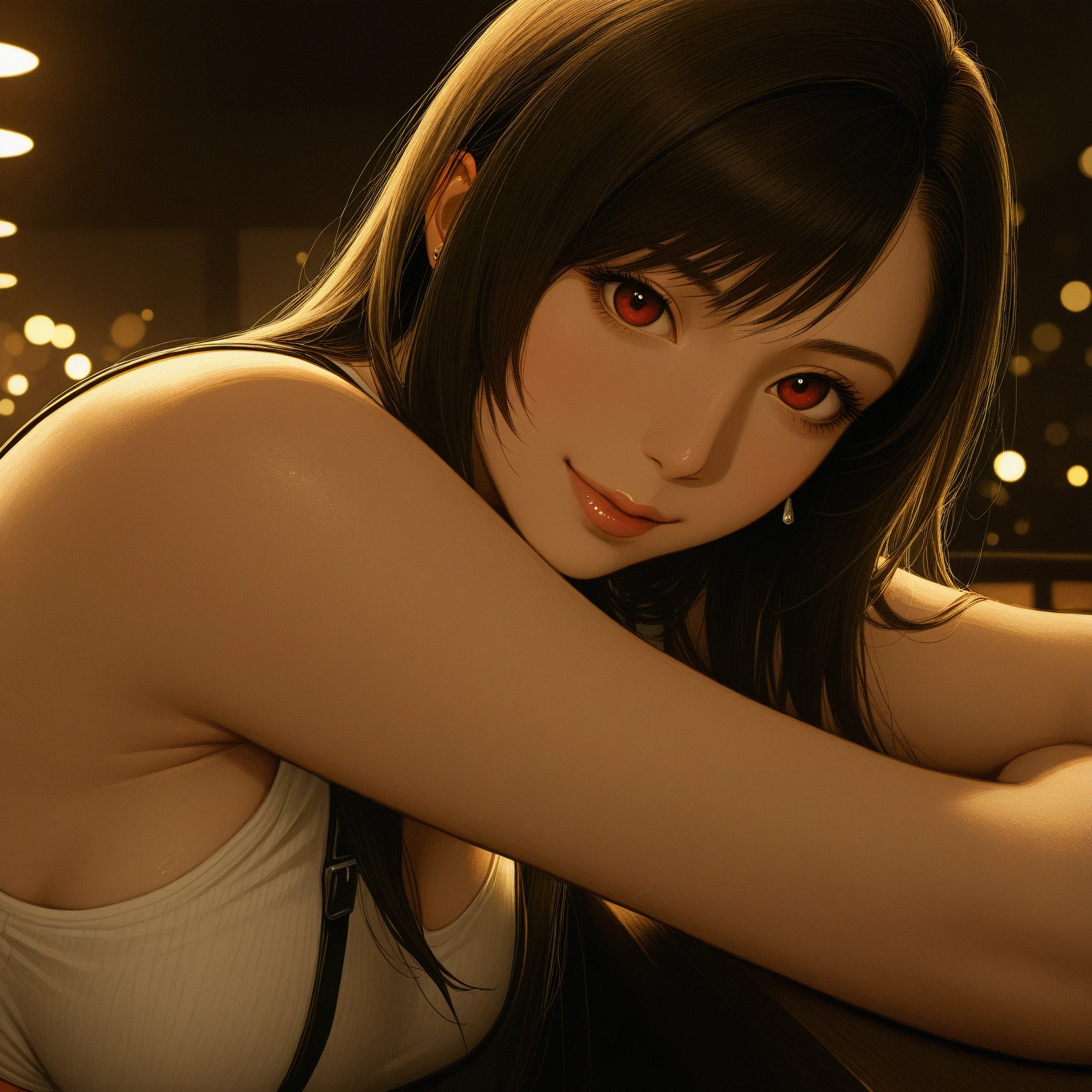 Tifa lockhart, tifa_lockhart, ff7, sultry face, (black long hair), hair bangs (red eyes:1.3) long eyelashes, beautiful red eyes with brightness, surrealism, shadow, stereogram, (photorealistic, realistic: 1.2), POV, atmospheric perspective, cinematic lighting, ray tracing, 8k, super detail, best quality, masterpiece, well detailed, (Canan EOS R6, 135mm, 1/1250s, f/2.8, ISO 400:0.9), on a beach, sunset sky, red combat gloves, big breasts, slim, large , huge , (((ridiculously large breasts))), (absurdly huge breasts:1.5), ((gigantomastia)), ((macromastia)), (((gigantic breasts))), (((((enormous breast))))), white bikini