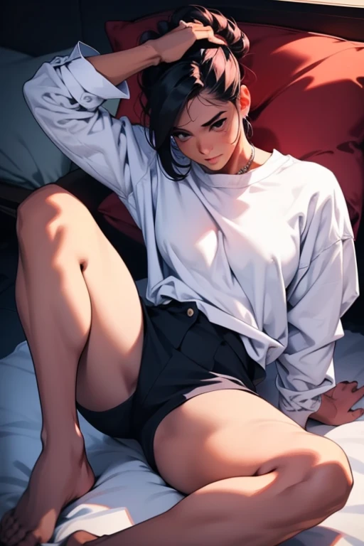 masterpiece, 1man, , slim waist, thick thighs, short hair, black fluffy hair, green doe eyes, shy, blush, indoor, laying on a plush bed, looking at viewer, thighs spread, legs subtly raised invitingly. 