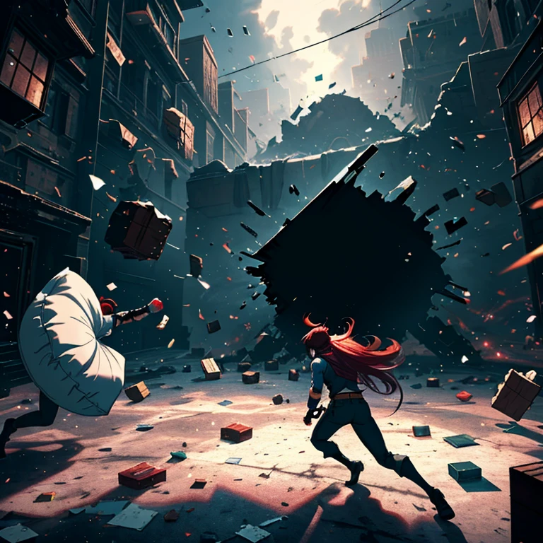 a scared girl running in a dungeon, impactful, vibrant, masterpiece, cinematic lighting, cell shading, monster chasing the girl, vibrant colors, impactful scene
