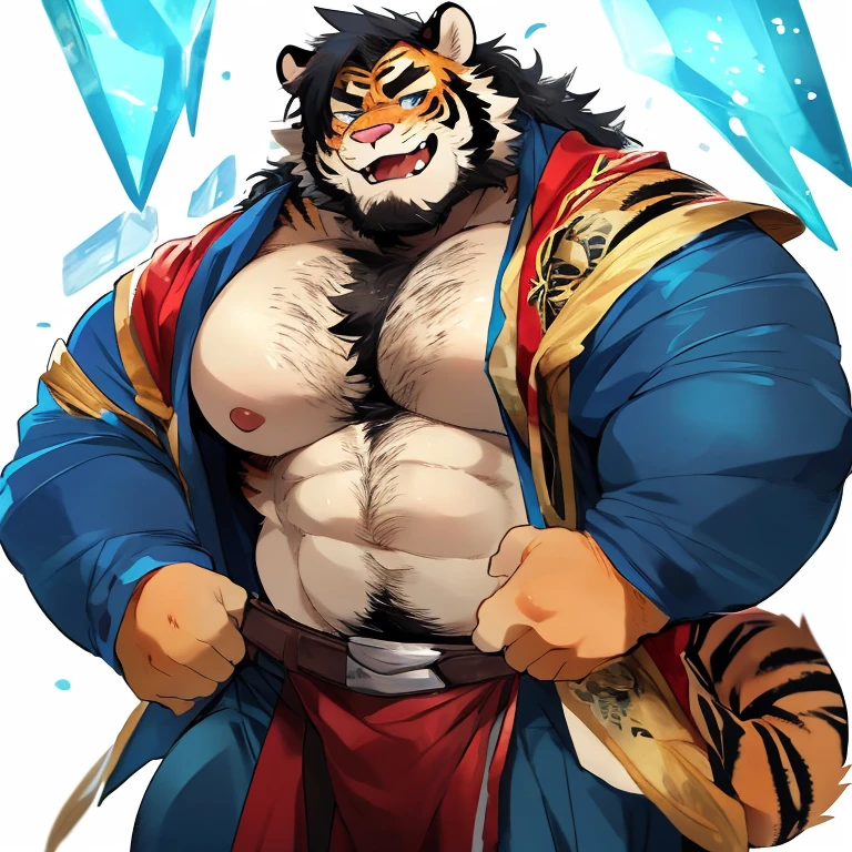 (morning), 1volibear, 独奏, 看着观众, winter, smile,肌肉男，beard,middle-aged，white fundoshi,((open)  kimono)，Chinese traditional clothes,close-up,lying in,stud earrings,nipple ring,sweat,drooling,blush sticker，wet