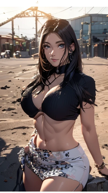 (Extremely detailed,best quality,high resolution:1.2),(Practical:1.37),Detailed facial details，16 years old，1 girl，Red lips，Cat ear，Black long hair，Succubus in a torn black and white striped bikini，Large Breasts，Collar，Radiant Skin，Post-apocalyptic,desert wasteland,Desolate landscape,the ruined city,vehicle,sandstorm,blazing sunshine,dusty atmosphere,War-torn,Ragged clothes,desolate,dirt, dusty, it&#39;s foggy, 