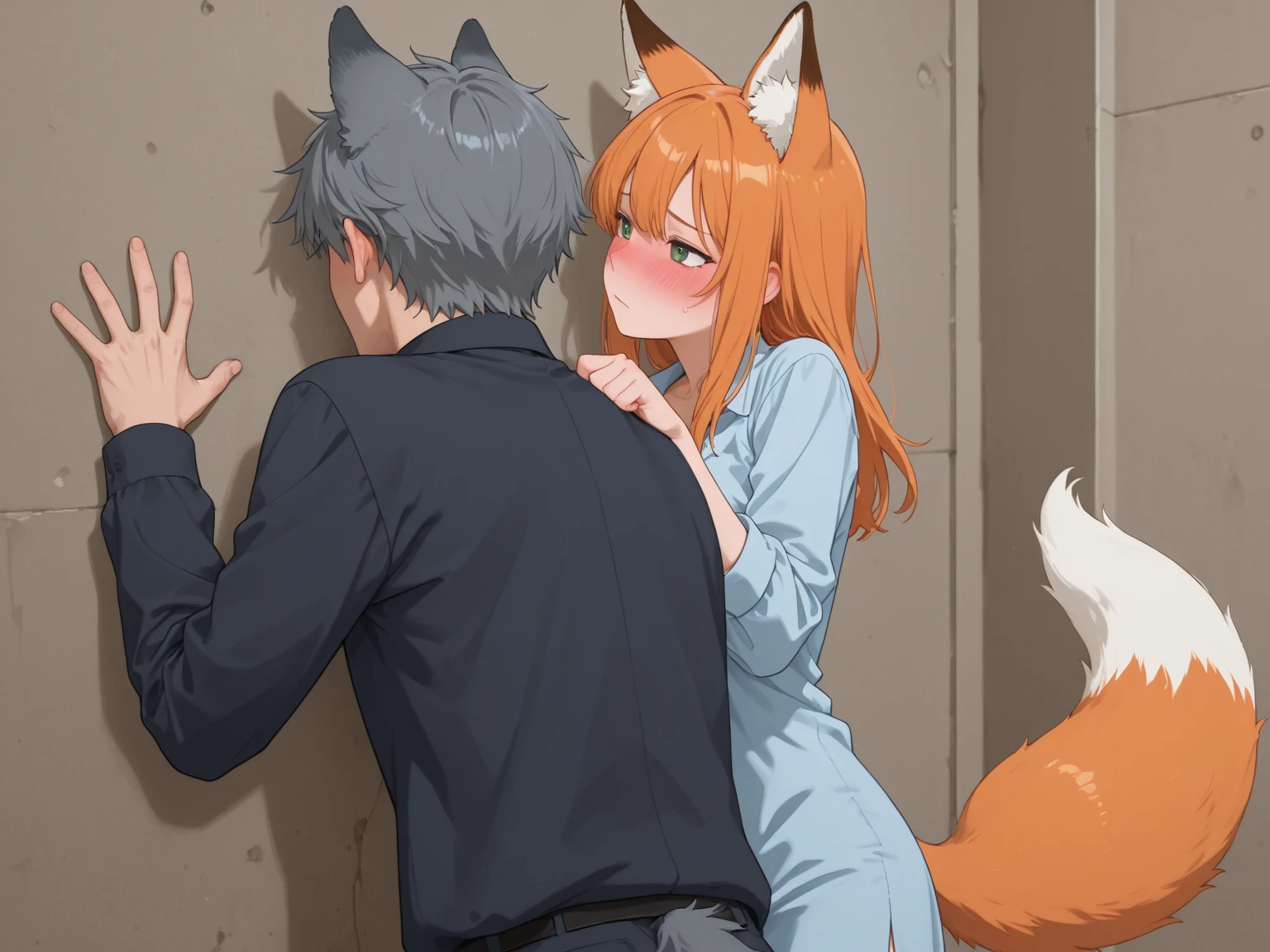 source_anime, anime style, anime screencap, 1girl, holo, brown hair,long hair,red eyes, wolf girl,wolf ear,wolf tail, cute, full blush, penis, sex, cleft of venus, alley, from behind, pussy juice, closed eyes, wall, [[happy]]
