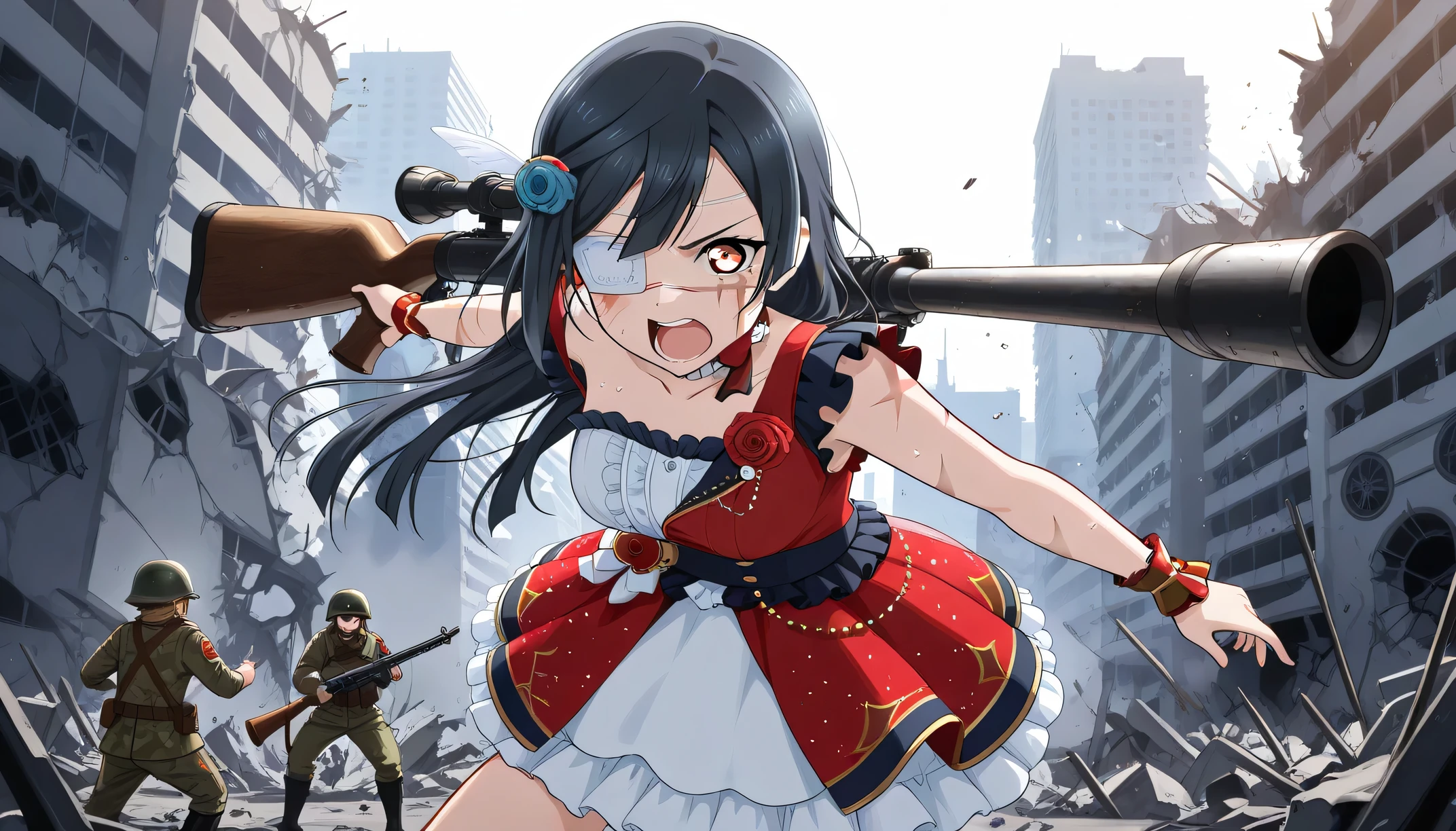  An angry image of Yuki Setsuna , soldier helmet, scar on the face, Idol dress, with a bazooka on my shoulder shooting, setting of a city with destroyed buildings,   eye patch  , war , 