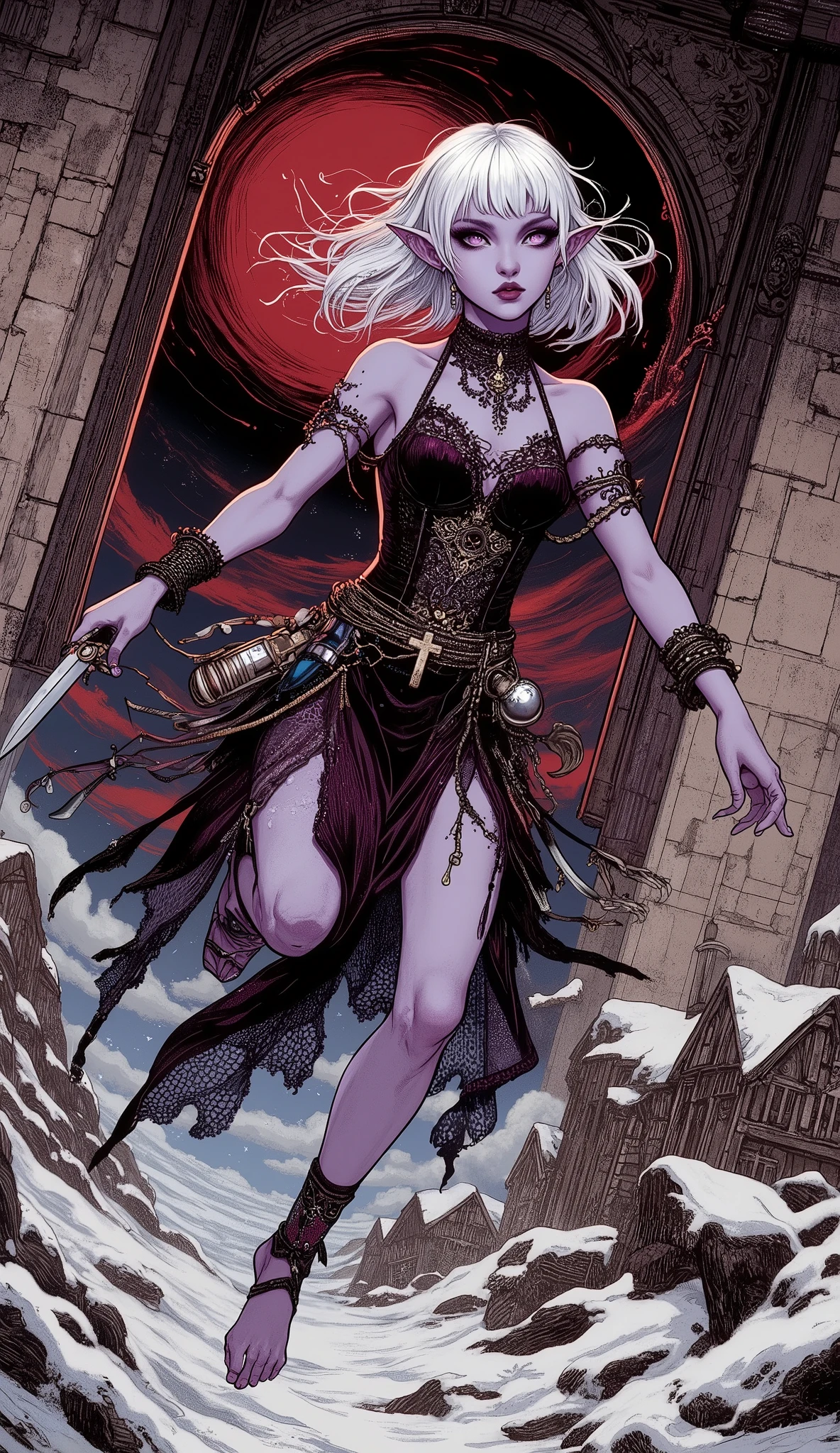 (A fusion of Ukiyo-e and dark fantasy. Aesthetic and gothic digital art. Illustrations are drawn from the perspective of looking up diagonally from the ground.) BREAK
(White hair. Blunt bangs. White eyebrows. Long white eyelashes. Almond-shaped eyes. Lavender eyes. Dark, thick eyeliner. Small pink lips. Slightly pointy ears. Dark purple skin. Thin limbs. Thin fingers. White fingernails. One thumb and four fingers accurately drawn.) BREAK
(The world of vampire legends is set in medieval Romania. Dark sky with blood red gusts up in the sky, strong winds blowing. A deserted mountain village in a rugged mountainous region. A female elven vampire hunter breaks through the window of a small gothic church in the mountain village, holds a silver dagger, twists her body and leaps out and lands in a daring pose. The woman wears a jet-black beaded and silver embellished choker, a church-style lace-up mini-dress of dark crimson velvet and lace fabric with gold thread embroidery, and a pareo made of thin, sheer, shiny lace material from France elegantly wrapped around her waist. A silver cross and a vial of holy water hang from her waist, and she wears braided sandals and silver-embellished bracelets and anklets on her wrists and ankles. She weaves scraps of beautiful colors into her hair.)