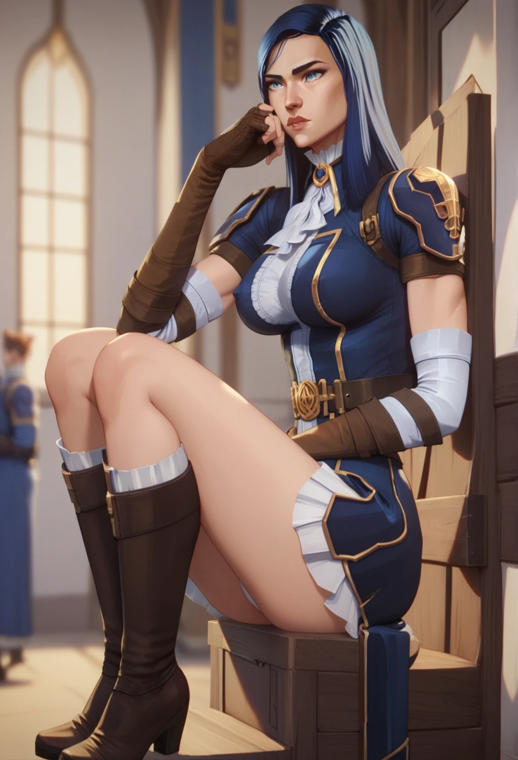 (masterpiece:1.3), best quality:1.4, detailed unity 8k wallpaper, highres, absurdres:1.2, depth of field:1.3, perfect lighting, cinematic shadows, highly detailed background, BREAK
(super-perfect anatomy head face fingers limbs arms hands legs:1.3), BREAK
(super-beautiful-detailed 1girl attractive-body gigantic-long-sagging-breasts hair face nose mouth fingers long-eyelashes elongated-eyes character-design uniform brown-skin thigh-high-boots), slender:1.5, constricted waist:1.3, BREAK
villetta_nu, military purple uniform, ponytail, purple lipstick, <lora:villetta_nu:0.8>, solo, in battlefield, battle preparation