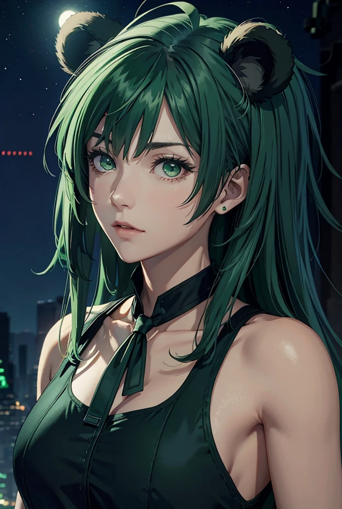 "(masterpiece, best quality, 8k, sharp focus, depth of field, best shadows, perfect lights, HDR, realistic skin texture, ultra-detailed background, detailed)", anime style, 1 woman, (green eyes, white skin, black hair with twintails, choker, small breasts, slim, makeup, eyeliner, glow) in very lewd poses in a cyberpunk cityscape.