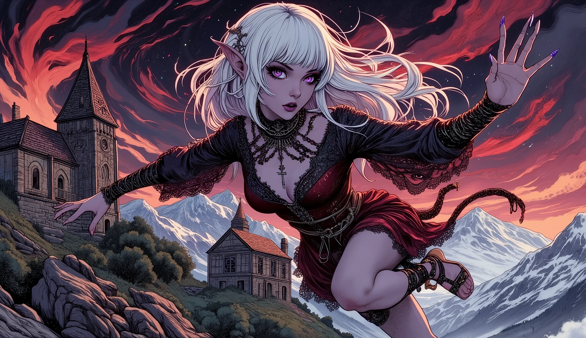 (A fusion of Ukiyo-e and dark fantasy. Aesthetic and gothic digital art. Illustrations are drawn from the perspective of looking up diagonally from the ground.) BREAK 
(White hair. Blunt bangs. White eyebrows. Long white eyelashes. Almond-shaped eyes. Lavender eyes. Dark, thick eyeliner. Small pink lips. Slightly pointy ears. Dark purple skin. Thin limbs. Thin fingers. White fingernails. One thumb and four fingers accurately drawn.) BREAK 
(The world of vampire legends is set in medieval Romania. Dark sky with blood red gusts up in the sky, strong winds blowing. A deserted mountain village in a rugged mountainous region. A female elven vampire hunter breaks through the window of a small gothic church in the mountain village, holds a silver dagger, twists her body and leaps out and lands in a daring pose. The woman wears a jet-black beaded and silver embellished choker, a church-style lace-up mini-dress of dark crimson velvet and lace fabric with gold thread embroidery, and a pareo made of thin, sheer, shiny lace material from France elegantly wrapped around her waist. A silver cross and a vial of holy water hang from her waist, and she wears braided sandals and silver-embellished bracelets and anklets on her wrists and ankles. She weaves scraps of beautiful colors into her hair.)