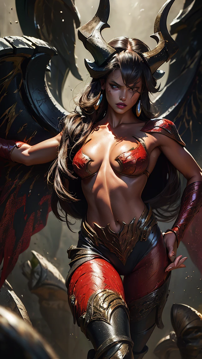 (masterpiece), (unrivalled quality:1.4), ultra-high resolution, [:velvet textures:0.2], hyperrealistic, dark fantasy portrait, r3n4t4f4n woman, adult (succubus:0.7) with a sly smirk, hypnotic ruby red eyes, raven-black hair cascading in waves, solo, detailed face, (cavernous underworld theme:1.1) (demonic wings:1.05), personified forbidden temptation, allure, power, darkness, succubus mythology symbolism, firelight, glow, rich purples and reds, symmetry, obsidian, foreboding cavern background, otherworldly infernal atmosphere