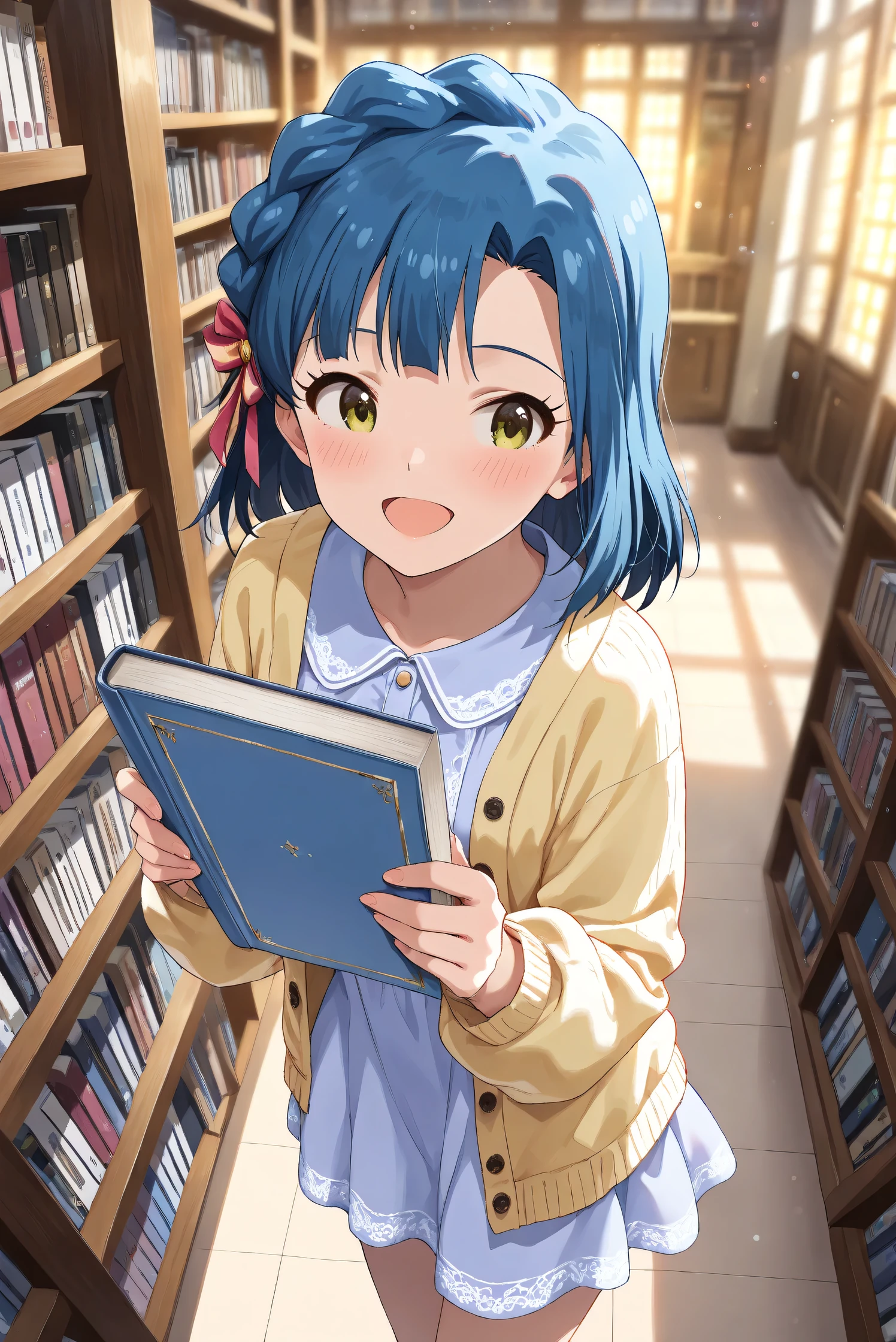 (Masterpiece), (Highest quality), (Very detailed),
(The best shape), (Best Shadow), (Absurd),
(Detailed background), (So beautiful), (Shiny),
(Extraordinary), (Countershading), (8k), (32K),
(High resolution), (Very Detailed CG), (UHD),
(Score_9), (Score_8_up), (Score_7_up),
(Source_anime), (Pastel painting:1.2),
(Watercolor painting:1.2),(Masterpiece, Detailed:1.2), (Foreshortening:1.2),
(Cinematic), (Dramatic), (Depth of field:1.4),
(Blurry background:1.4), (Realistic background:1.4),
(Dynamic angle), (1 girl),
(indoor), (evening), (Library), (from above),
(Casual wear:1.3),
(light blue one piece:1.2),
(yellow cardigan), (open cardigan),
(cowboy shot), (Focus on face), (Close up shot),
(Blush:1.3), (Happy), (Smile), (open mouth),
(looking back), (Holding a book),
(Realistic skin), (Shiny skin),
(Nanao Yuriko),
(The idolmaster million live!),
mirishita, yuriko, hair ribbon,