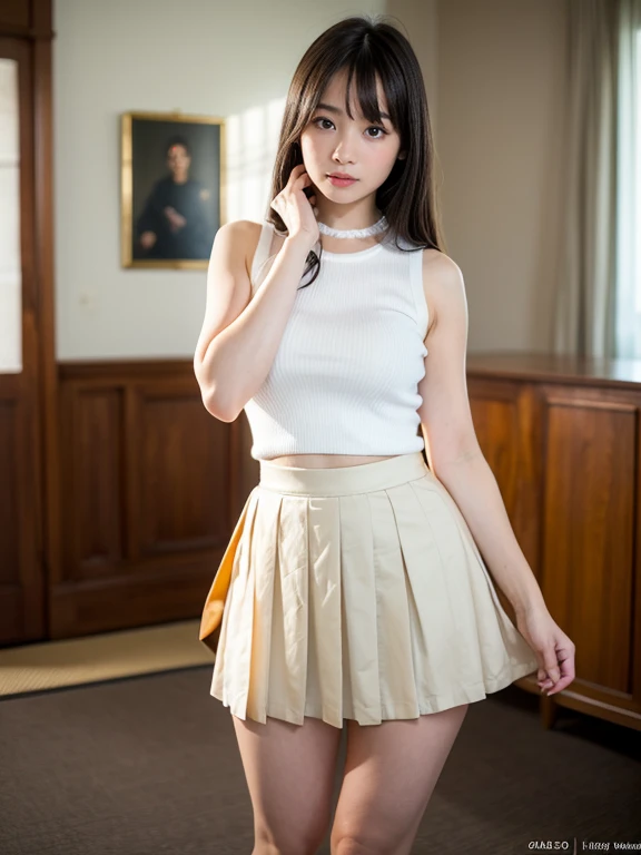 (masterpiece:1.2, highest quality), (realistic, photorealistic:1.4), beautiful illustrations, (natural side lighting, movie lighting), Depth of written boundary,
looking at the viewer, Front view, 1 girl, English, high school girl, 20 years old, perfect face, Cute symmetrical face, shiny skin, open legs,
(bob hair:1.7,blonde), asymmetrical bangs, Big eyes, droopy eyes, long eyelashes chest), thin,
beautiful hair, beautiful face, fine and beautiful eyes, beautiful clavicle, beautiful body, beautiful breasts, beautiful thighs, beautiful feet, beautiful fingers,
((fine fabric texture, brown knit vest, short sleeve white collar shirt, navy pleated skirt, Navy bow tie)),
(beautiful scenery), evening, (Inside the flower shop), Are standing, (smile, Upper grade, open your mouth), (((skirt lift, white sexy panties, genitals visible))), full body shot, dark blue socks, sexy face, inverted nipples,