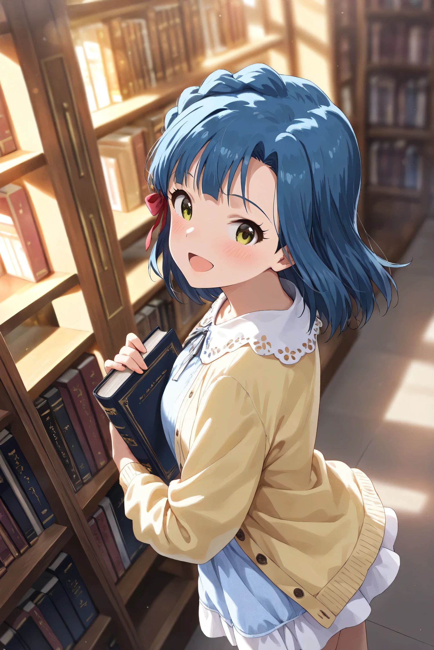 (Masterpiece), (Highest quality), (Very detailed),
(The best shape), (Best Shadow), (Absurd),
(Detailed background), (So beautiful), (Shiny),
(Extraordinary), (Countershading), (8k), (32K),
(High resolution), (Very Detailed CG), (UHD),
(Score_9), (Score_8_up), (Score_7_up),
(Source_anime), (Pastel painting:1.2),
(Watercolor painting:1.2),(Masterpiece, Detailed:1.2), (Foreshortening:1.2),
(Cinematic), (Dramatic), (Depth of field:1.4),
(Blurry background:1.4), (Realistic background:1.4),
(Dynamic angle), (1 girl),
(indoor), (evening), (Library), (from above),
(Casual wear:1.3),
(light blue one piece:1.2),
(yellow cardigan), (open cardigan),
(cowboy shot), (Focus on face), (Close up shot),
(Blush:1.3), (Happy), (Smile), (open mouth),
(looking back), (Holding a book),
(Realistic skin), (Shiny skin),
(Nanao Yuriko),
(The idolmaster million live!),
mirishita, yuriko, hair ribbon,
