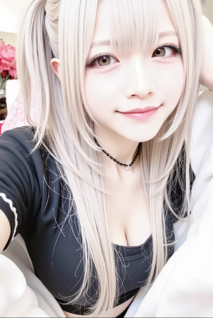 Japanese girl, (smile:1.2), (white hair:1.7), (long curly hair), blue eyes, milky sheer dress,
