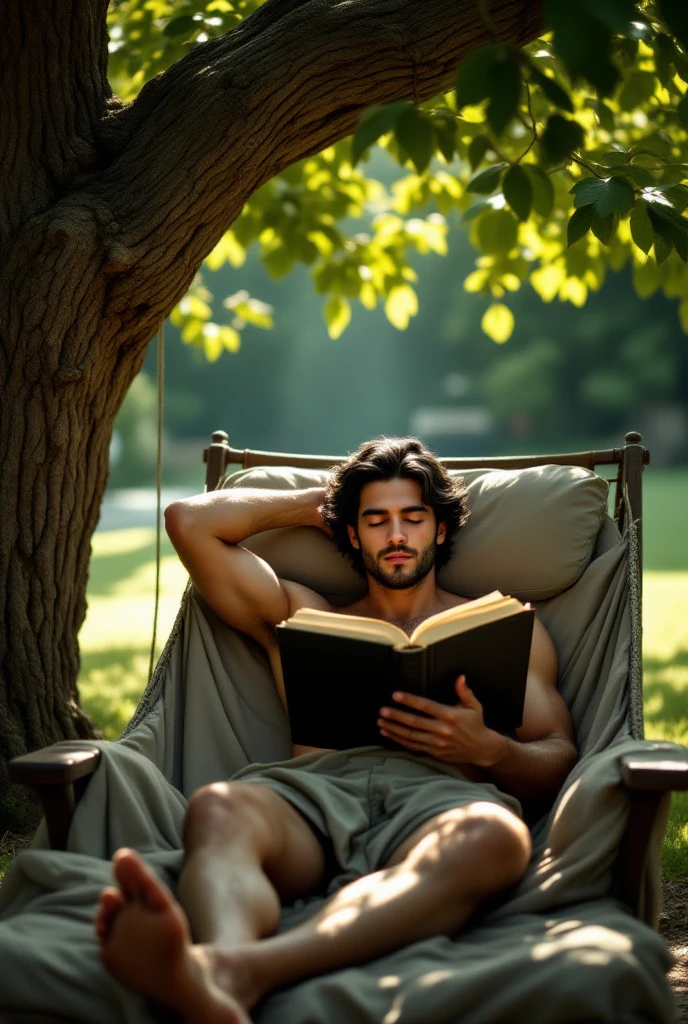 Photo hyper realiste 8l Un homme gay viril dort sous un arbre. Son livre sur les genous et la nature est hivernale une cascade est au loin. Une fée papillon l’observe discrètement