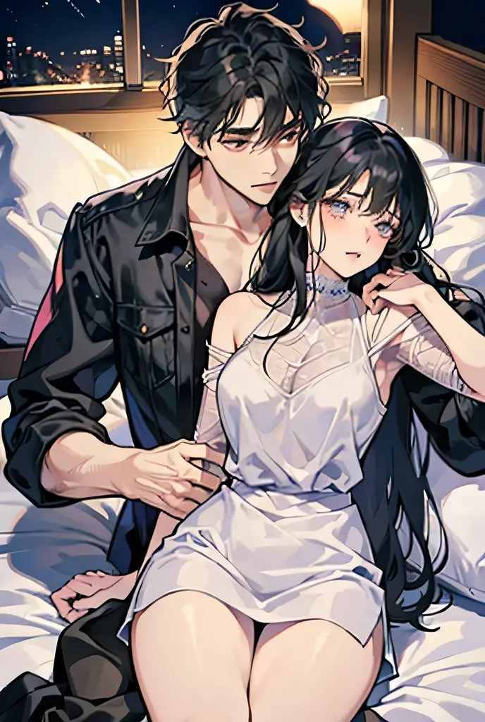 Male in his 30s, black hair , Woman in her 20s, loose and fluffy, long hair, Couple pose , Hugging pose , Embarrassed expression , Couple , sexy , Adult atmosphere , On the bed , night , In underwear