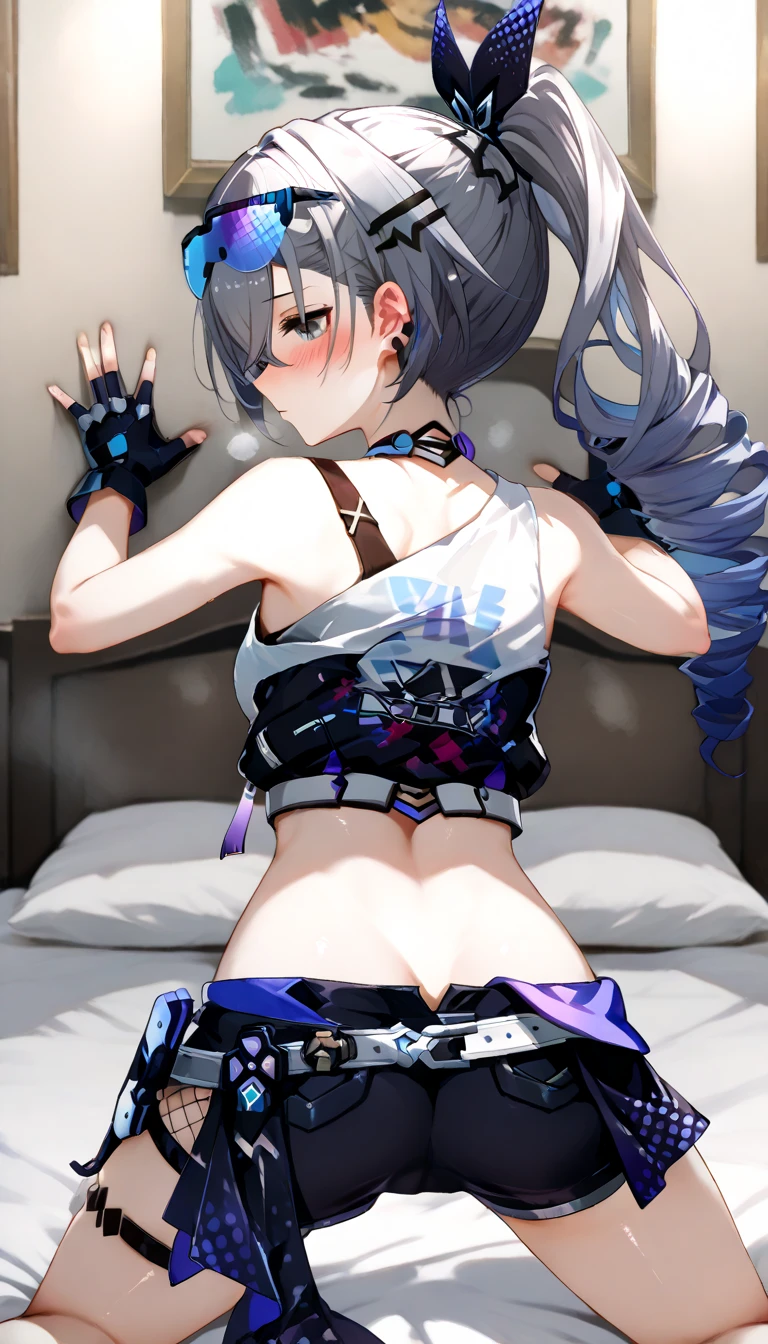 photo (object), photo (object), (photo (object)),through wall, stationary restraints,ass focus,restrained, stuck.1girl, sweat,,shiny skin, ,,white panties under black pantyhose,black gloves, blue hair, blush,gesture, ganyu \(genshin impact\), black pantyhose, purple eyes,