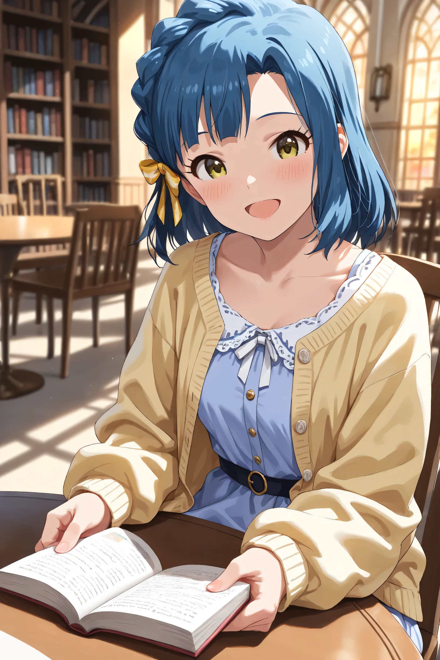 (Masterpiece), (Highest quality), (Very detailed),
(The best shape), (Best Shadow), (Absurd),
(Detailed background), (So beautiful), (Shiny),
(Extraordinary), (Countershading), (8k), (32K),
(High resolution), (Very Detailed CG), (UHD),
(Score_9), (Score_8_up), (Score_7_up),
(Source_anime), (Pastel painting:1.2),
(Watercolor painting:1.2),(Masterpiece, Detailed:1.2), (Foreshortening:1.2),
(Cinematic), (Dramatic), (Depth of field:1.4),
(Blurry background:1.4), (Realistic background:1.4),
(Dynamic angle), (1 girl),
(indoor), (evening), (Library), (chair), (table),
(Casual wear:1.3),
(light blue one piece:1.2),
(yellow cardigan), (open cardigan),
(cowboy shot), (Focus on face), (Close up shot),
(Blush:1.3), (Happy), (Smile), (open mouth),
(sitting), (reading a book),
(Realistic skin), (Shiny skin),
(Nanao Yuriko),
(The idolmaster million live!),
mirishita, yuriko, hair ribbon,